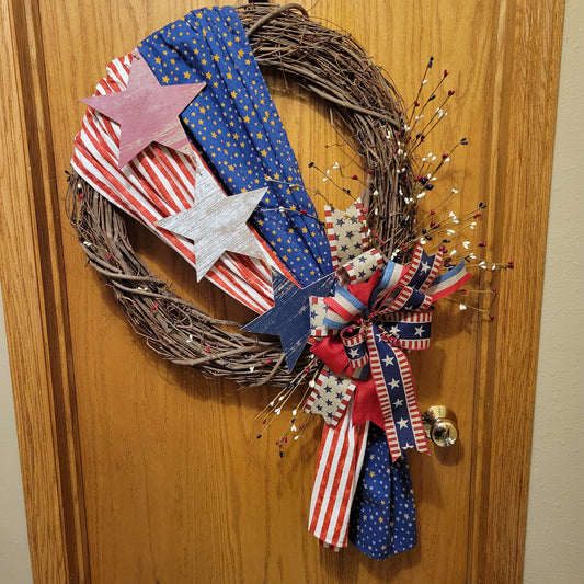 Old Glory Patriotic Fabric Grapevine Wreath