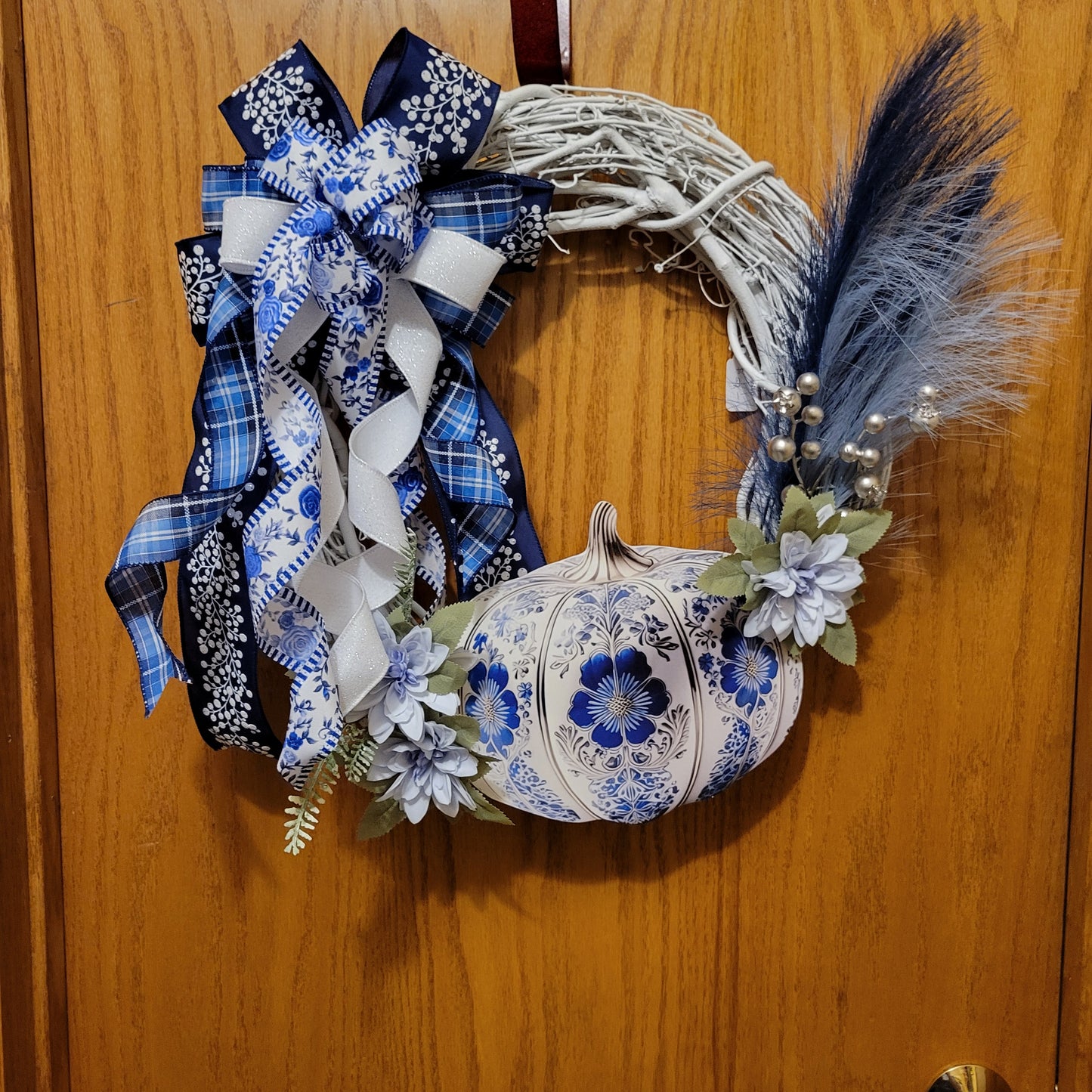 White and Blue Pumpkin Grapevine Wreath