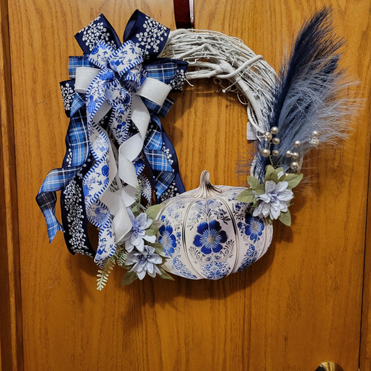 White and Blue Pumpkin Grapevine Wreath